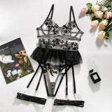 Znbbw Fancy Lingerie Floral Lace Bra Ruffle Garter Luxury Erotic Outfit Sexy Crotchless Panties Sensual Underwear 4-Piece
