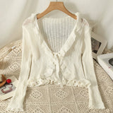Znbbw Ruffles Cardigan Slim Women Casual Transparent Sweater Shirts Lady Thin Solid Coats Female Crop Top