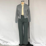 Znbbw 2 Piece Set Autumn Winter Office Crew Long Sleeve Solid Zipper Jacket Loose Straight With Belt Pants Sets Streetwear