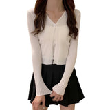 Znbbw Women Korean V Neck Solid Colour Button up Casual Long Sleeves Knitted Cardigan T-shirt