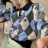 Znbbw Contrast Color Crop Tops Argyle Plaid Turn Down Collar Knitted Pullovers Autumn Winter 2024 Korean Fashion Sweaters