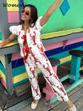 Znbbw Cartoon Lobster Women Pants Sets Lace Up Short Puff Sleeve Shirts Wide Leg Trousers 2024 Summer Casual Lady 2 Pieces Suit