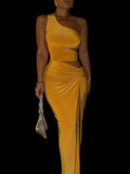 Znbbw One Shoulder Hollow Out High Split Midi Dress For Women Robe Elegant Sleeveless Backless Sexy Party Long Dress Vestido