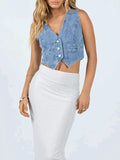 Znbbw Women Basic Jean Vest 90s Y2K Tank Tops Sleeveless V Neck Button Down Denim Crop Tops Streetwear