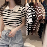 Znbbw Vintage Striped Polo Collar T Shirts Women's Knitted Short Sleeve Thin Cropped Tshirt Crop Top For Slim Girls