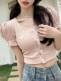 Znbbw Pink Kawaii Sweet T-Shirts Women Lace Backless France Elegant Crop Tops Female Puff Sleeve Korea Casual Clothing 2024 New
