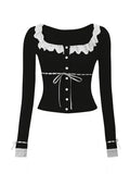 Znbbw Women's Sweet Slim Crop Tops Solid Color Lace Patchwork Long Sleeve U-Neck Front Button Tops Streetwear