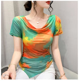 Znbbw Printed Mesh Tee Shirt Female Slash Neck Short Sleeve Irregular T Shirts Women Summer T-shirt Top