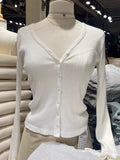 Znbbw White Ribbed Long Sleeve Tees Women Casual Sweet Lace Trim V-neck Cotton Slim T Shirt Casual Simple Summer Cute Tops Y2k