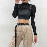 Znbbw Women Gothic Sexy Extra Short T-shirts Mesh Long Sleeve Streetwear Cover Top Solid Black Tees Night Club Cool Tshirt Hot Selling
