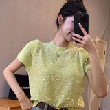 Znbbw style sequin round neck flower bud short sleeved knitted sweater for women's spring new gentle style loose top