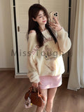 Znbbw Kawaii Knitted 2 Piece Set Women Casual Sweet Print Sweater + Plaid Skirt Suit Female Korean Fashion Vintage Cute Set New