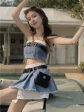 Znbbw Gyaru Matching Sets Tube Top Crop Tops High Waist Belt Pleated Patchwork Skirts Y2k 2000s Female Slim Two Piece Set