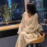 Znbbw Early Spring New Mid Length Hollow Knitted Cardigan Women's Lazy Style Outwear Sweater Coat Sun Protection Top