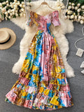 Znbbw Summer Cross Stretch Dress Women's Slim Print Cake Swing Dress Holiday Style Long Dress Woman D019