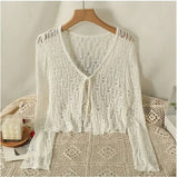 Znbbw Hollow Out Sweater Shirts Lady Summer Full Sleeve Laced Crocheting Cardigan Thin Short Coats for Slim Woman