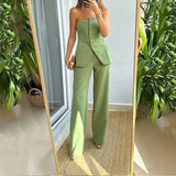 Znbbw Women's 2-piece Pants Set 2024 Spring Solid Single Breasted Split Tops High Waist Wide Leg Trousers Female Pants Sets