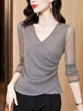 Znbbw V-neck Mesh T-shirts Women Slim Full Sleeve Shinning Tshirt Female Folds Elegant Tees Tops