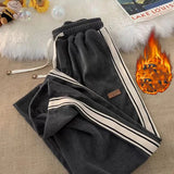 Znbbw Striped Corduroy Sweatpants Women Winter Thick High Waist Drawstring Wide Leg Trousers Y2K Korean All-Match Straight Pants