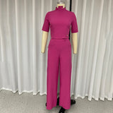 Znbbw Women Two Piece Set Summer Fashion Solid Round Neck Short Sleeve Top Casual Loose Wide Legs Pants Sets High Streetwear