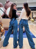 Znbbw Design Jeans Bow Patchwork Solid Color High Waist Casual Loose Pantalones De Mujer Spring Autumn All Match Clothing 2024