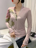 Znbbw Autumn Fashion Bronzing T-shirt Women Located Printing Big Flowers Slim TShirts Female High Stretch Top HF8730