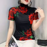 Znbbw S-3XL Fixed Printing Mesh T Shirts Women Turtleneck Slim Short Sleeve Tees Lady Elegant Stretchy Floral Sheath Top T-Shirt