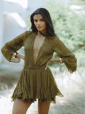 Znbbw Printed Deep V Flare Sleeve Shirt Suits Women Sexy Short Pleated Mini Skirt Set Summer Beach Vacation Street Casual Wear
