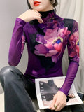 Znbbw New High Neck Long Sleeve Mesh T-shirt Women's Fashion Fairy Positioning Printing Big Flowers Bottoming T Shirts BH9865