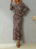 Znbbw Women Spring Autumn Maxi Dresses Zebra/Floral Print Long Flared Sleeve Round Neck Slim 2000s Aesthetic Long Dress Streetwear