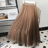 Znbbw Gradient Pleated Skirt Women High Waist Chic Elastic Mesh Midi Skirt Y2K Lady Fashion Loose Korean All-Match A Line Skirt