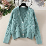 Znbbw new fashion all-match knitted outer wear sweater Sweet beaded V-neck knitted cardigan women's spring