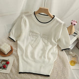 Znbbw Style Beading Bowknot T Shirts Women's O Neck Short Sleeve Knitted Sweet Tee Tshirt Summer Slim Thin Top