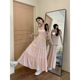 Znbbw Pink Maxi Dress Women Vacation White Ruffles One Pieces Long Dresses Summer Sexy Strap Robe Korean Beach Bodycon Vestidos