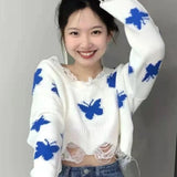 Znbbw Women Korean Fashion Graphic Butterfly Knitted Sweater Woman Sweet Oversized Cropped Tops Off Shoulder Casual Loose Jumper