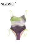 Znbbw TRAF Bikini Sexy Camis Straps Tulle Print Bodysuit Women Tops Folds Bodycon Rompers Female Casual Party Summer Bodysuits