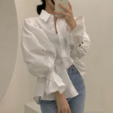 Znbbw White Elegant Puff Sleeve Blouse Women Spring Lapel Neck Single Breasted Blusas Mujer Loose All Match Shirts Tops