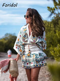 Znbbw Sleeve Women Autumn Embriodery Paisley Print Skirt Set Outfits V Neck Button Tiered Mini Skirt Dress Suit Vintage Set
