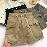 Znbbw Vintage Women A Line Skirt Korean Streetwear High Waist Mini Skirt Y2K Casual All Match Female Pocket Cargo Skirt New