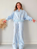 Znbbw Printed Y2k Pants Sets Women Shiny O-neck Zipper Long Sleeve Coats High Waist Straight Pant 2024 Spring Female Tracksuit