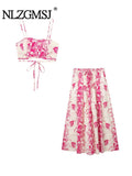 Znbbw TRAF 2023 Y2K Holiday Printed Women Beach Suits Summer Skinny Bustier Crop Top Camis Female Midi Skirt 2 Piece Sets