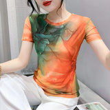 Znbbw Located Printing Floral Mesh Top Women O Neck Short Sleeve T Shirts Lady Elegant High Stretchy Tee T-Shirt