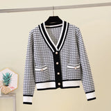 Znbbw Short Cardigan Women's Sweater Coat Autumn And Winter New Style Outer V-neck Loose Plaid Top All-match Casual