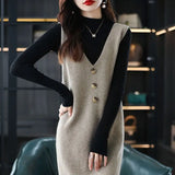 Znbbw knitted vest skirt long V-neck casual loose sweater solid 2024 autumn and winter knitted sleeveless women vest sweater