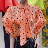 Znbbw Bow Shirts & Blouses Contrast Dot Print Blusas 2024 New Puff Sleeve Camisas Korean Ropa Mujer Spring Summer Tops