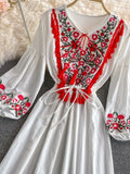 Znbbw Ethnic Style New Embroidery Dress Tassel Lace Cotton and Linen Vestidos Female V-neck Puff Sleeve Midi Dress GK857