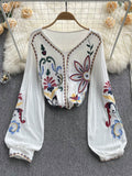 Znbbw Blouse Embroidered Top Spring Summer New V-neck Loose Lantern Sleeves Ethnic Cotton Linen Shirt Tide Female Blusa D1105