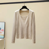 Znbbw Autumn Long Sleeve Knitted Sweater Pullovers Girls Square Collar Tops Jumpers Women Base Jumper Slim Knitwear