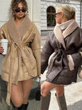 Znbbw Winter Leather Jacket Women 2024 New Female Vintage Lapel Faux Wool Belt Coat Thicken Warm Oversize Highstreet Outwear Top
