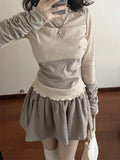 Znbbw Vintage Y2k Clothes Long Sleeve Patchwork Contrast Color Ruffles T Shirts Female Slim Spring Punk Gothic Tops Tees 2024